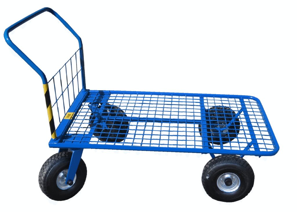 Wózek platformowy z ażurową podłogą z siatki, koła 300 mm, kolor niebieski